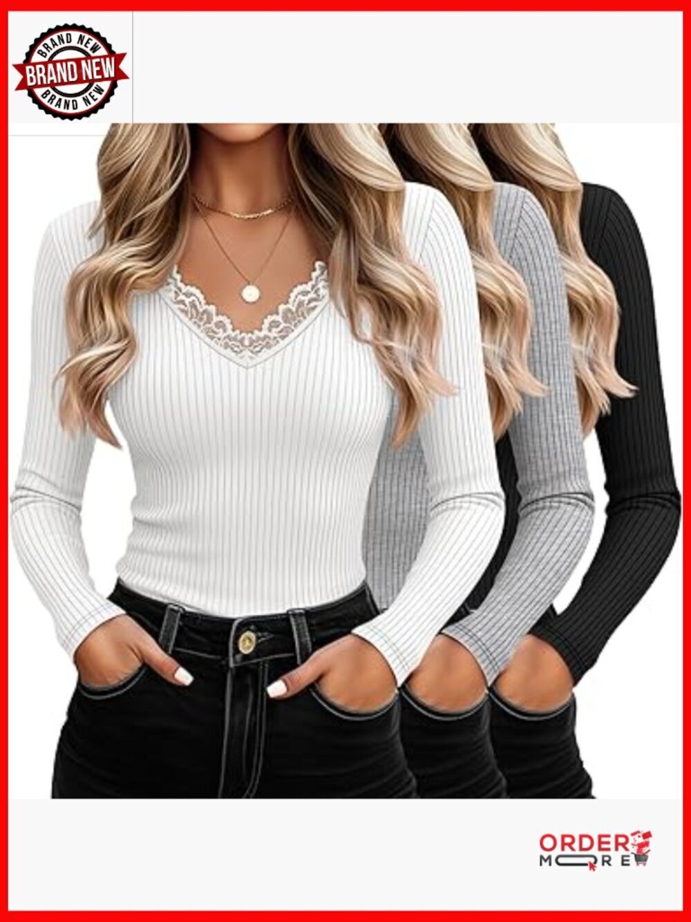 3 Pack Long Sleeve V Neck Tees Fitted Ribbed Knit Tops Layering Shirts Set